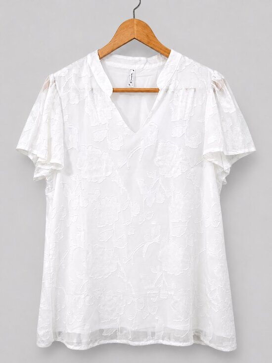 Tops - White Floral Textured Chiffon Blouse Flutter Sleeve V Neck Top Medium